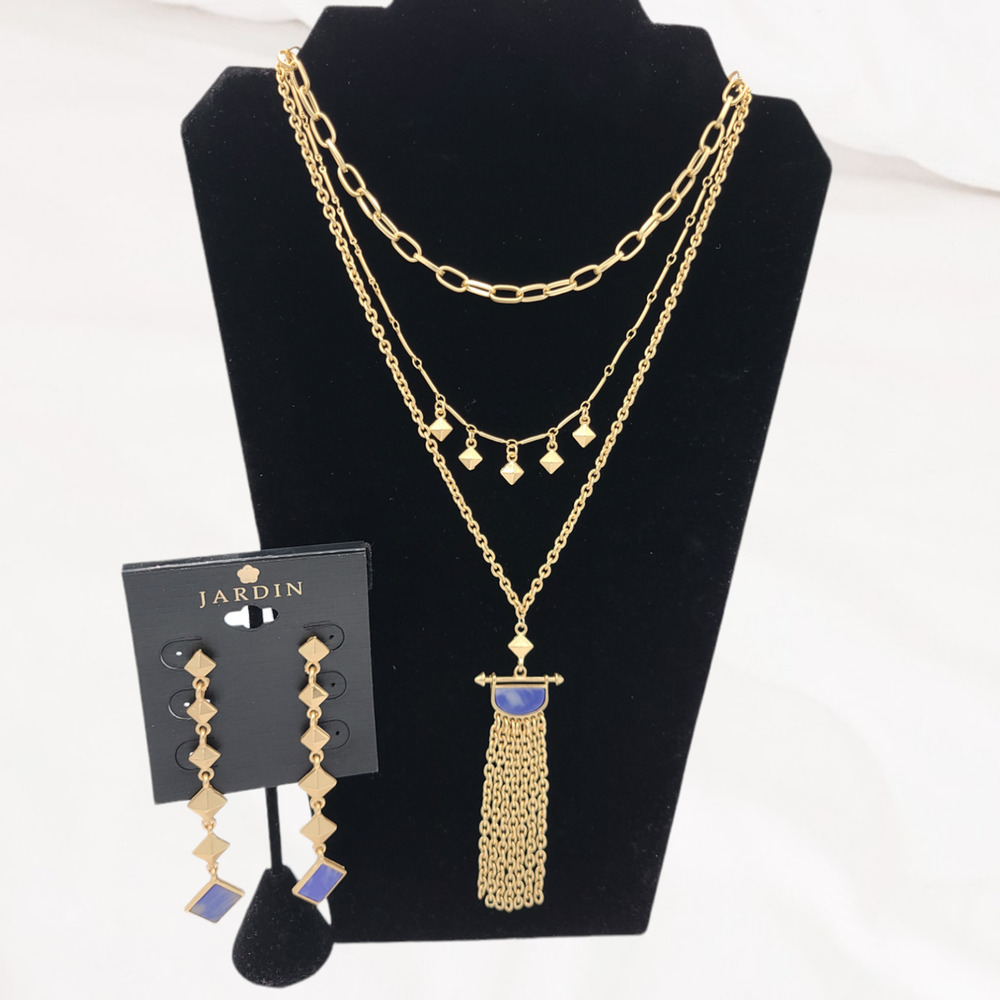 Jardin Gold Blue Sodalite Stone Earrings and Fringe Pendant Chain Necklace ~ NEW